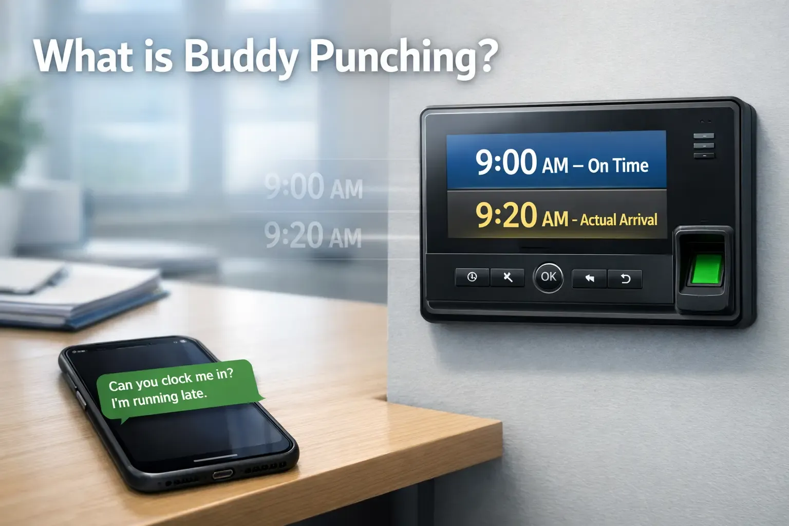 Office time clock showing 9:00 vs 9:20, and phone asking to clock in